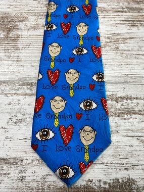 Novelty "I Love Grandpa" Blue Cartoon Tie Fathers Day Gift Wide  56”